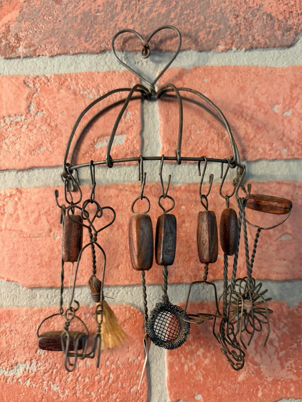 Vintage Rustic Folk Art Wire Rack Hanging Kitchen Utensils Farmhouse Mini Mobile